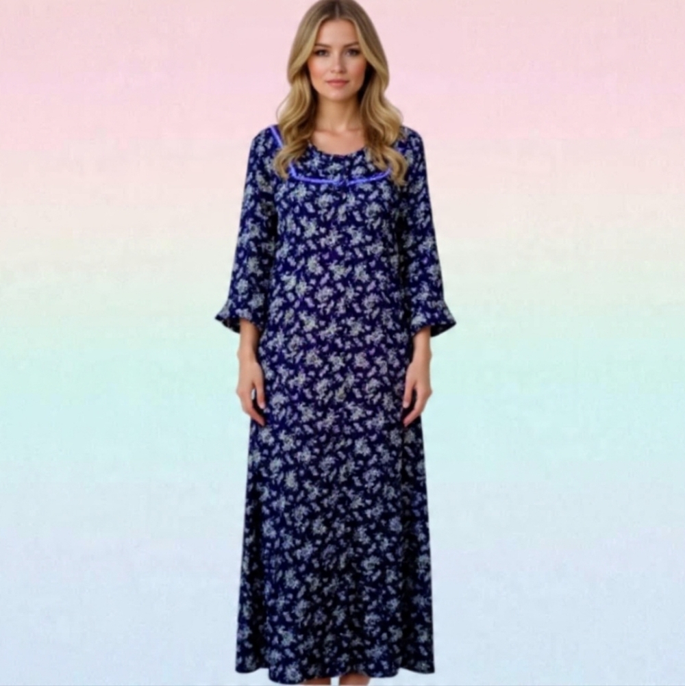 S☘️April Cornell Vintage Navy/Lavender&Sauge Floral Maxi Dress